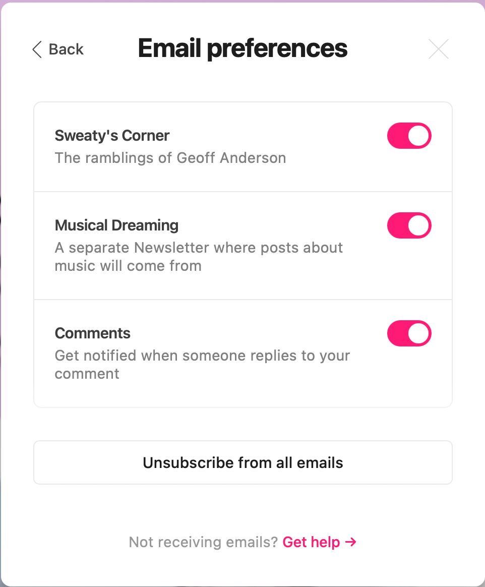 dialog box for email settings