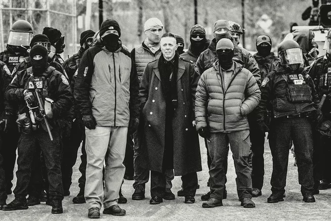 black and white picture of men standing