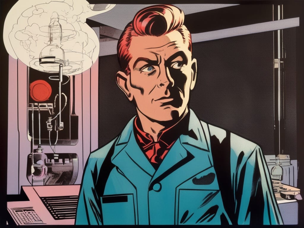 image AI generated of the author as a prototypical scientist rendered as a comic book panel