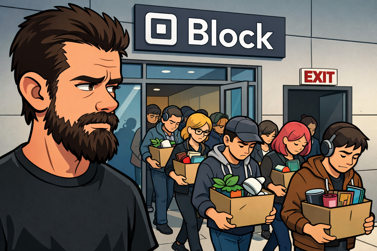 cartoon image of a bearded man watching people walking out of the office for the last time