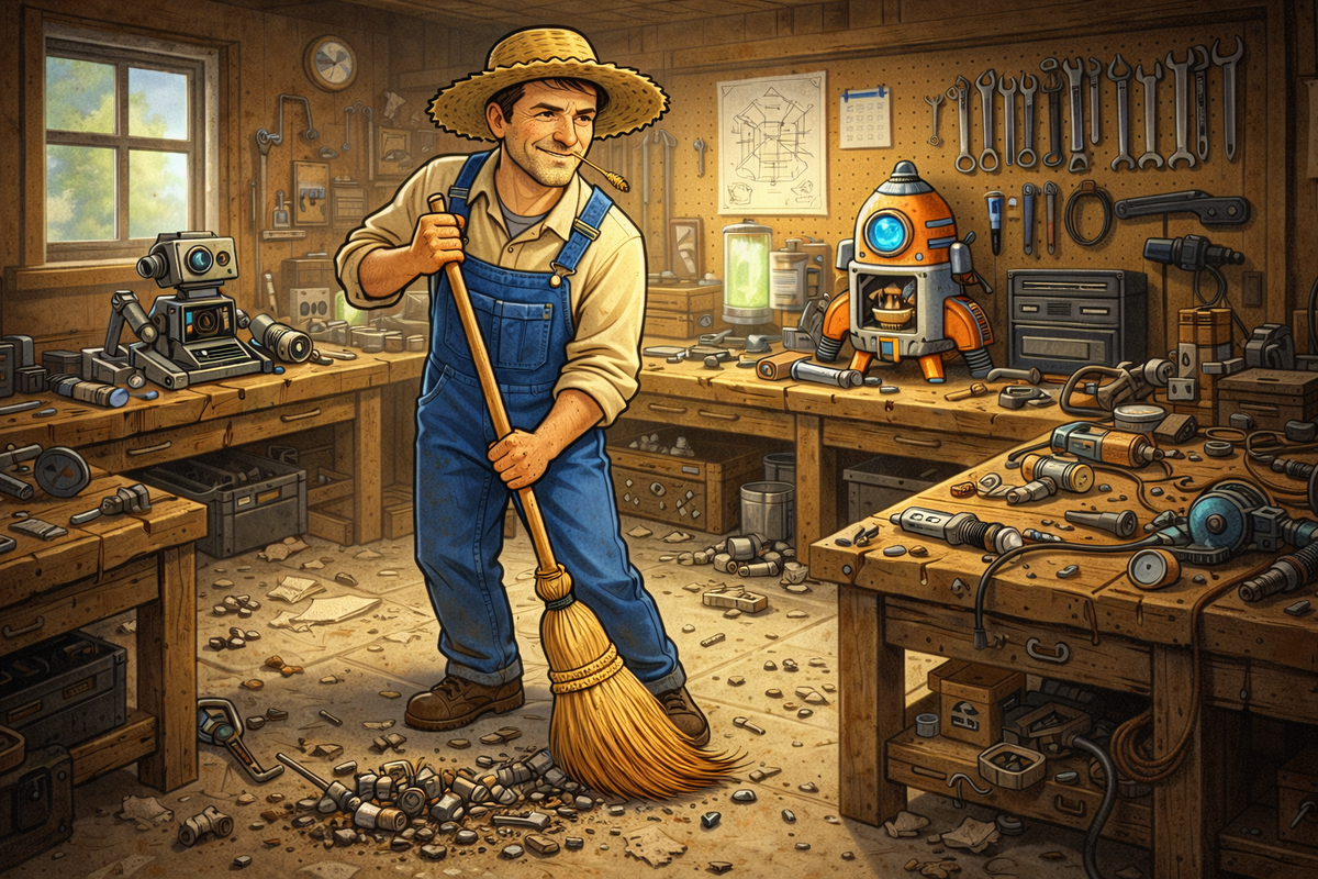 2d cartoon image of a man sweeping a floor in a busy workshop
