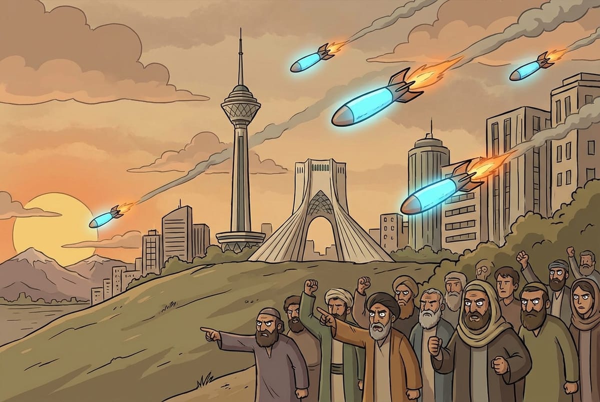 image of angry arabs in iran being bombarded and looking angrily to the west.