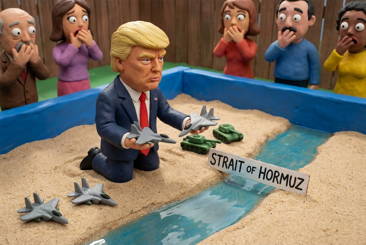 AI generated image of Trump playing with war toys in a sandbox with the strait of hormuz and people looking on in horror