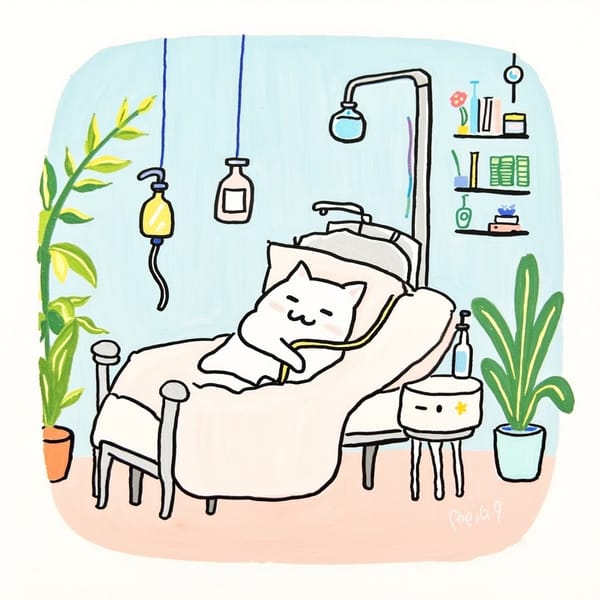 drawing of a cat in a hospital bet recovering.