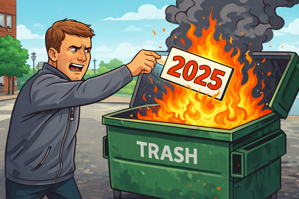 cartoon style image of author tossing 2025 into a burning dumpster