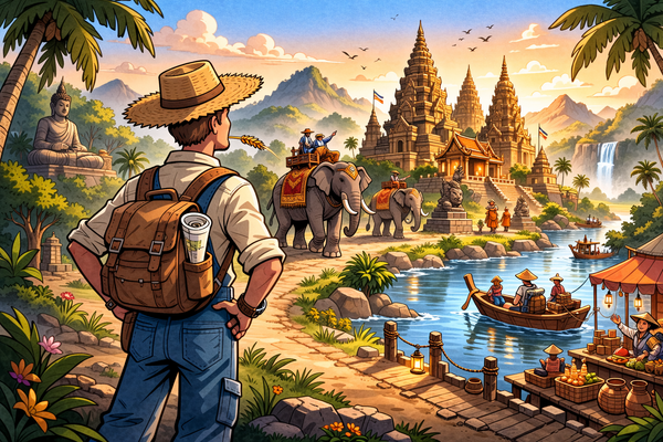 ai generated AI Image of the author looking at a eastern temple with elephants and boats