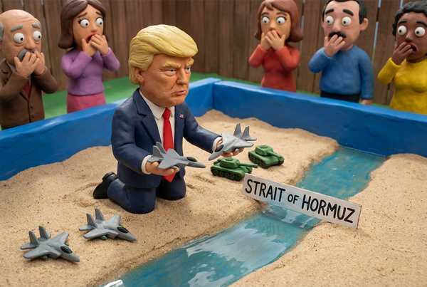 AI generated image of Trump playing with war toys in a sandbox with the strait of hormuz and people looking on in horror